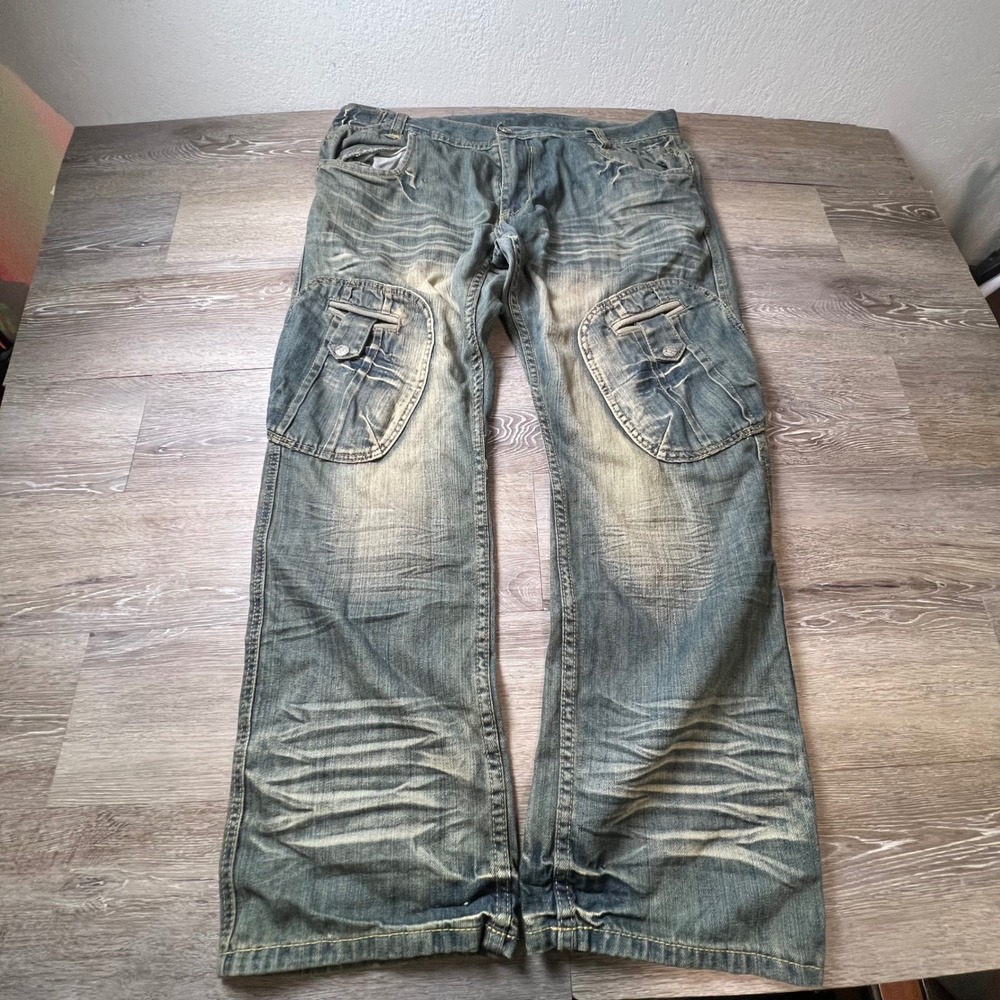Authentic Icon Cargo Jeans Mens 37 Blue Distressed Wide Leg Y2K Streetwear Pants